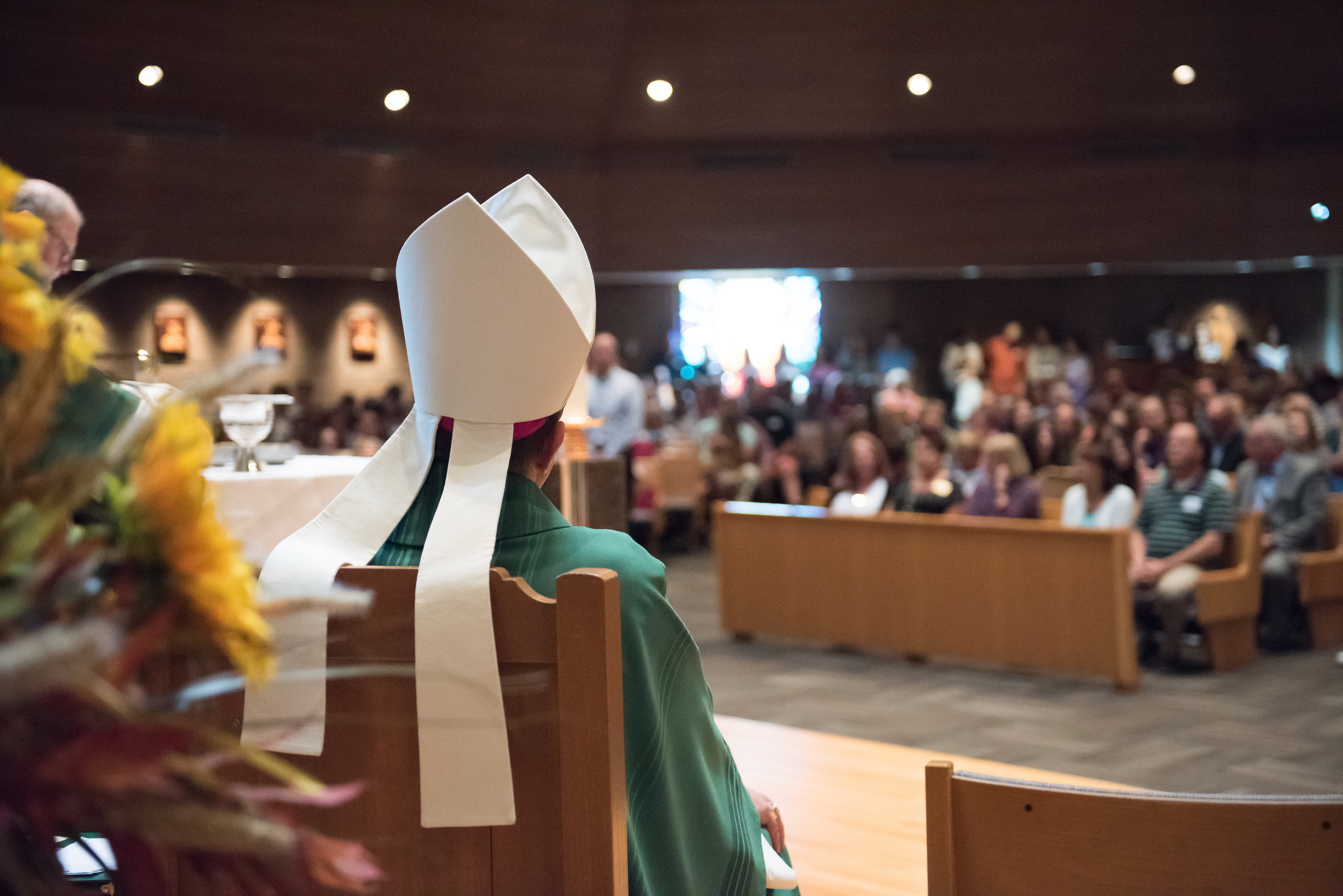 Bishop Walkowiak looks out on congregation during Father Damian's installation Mass