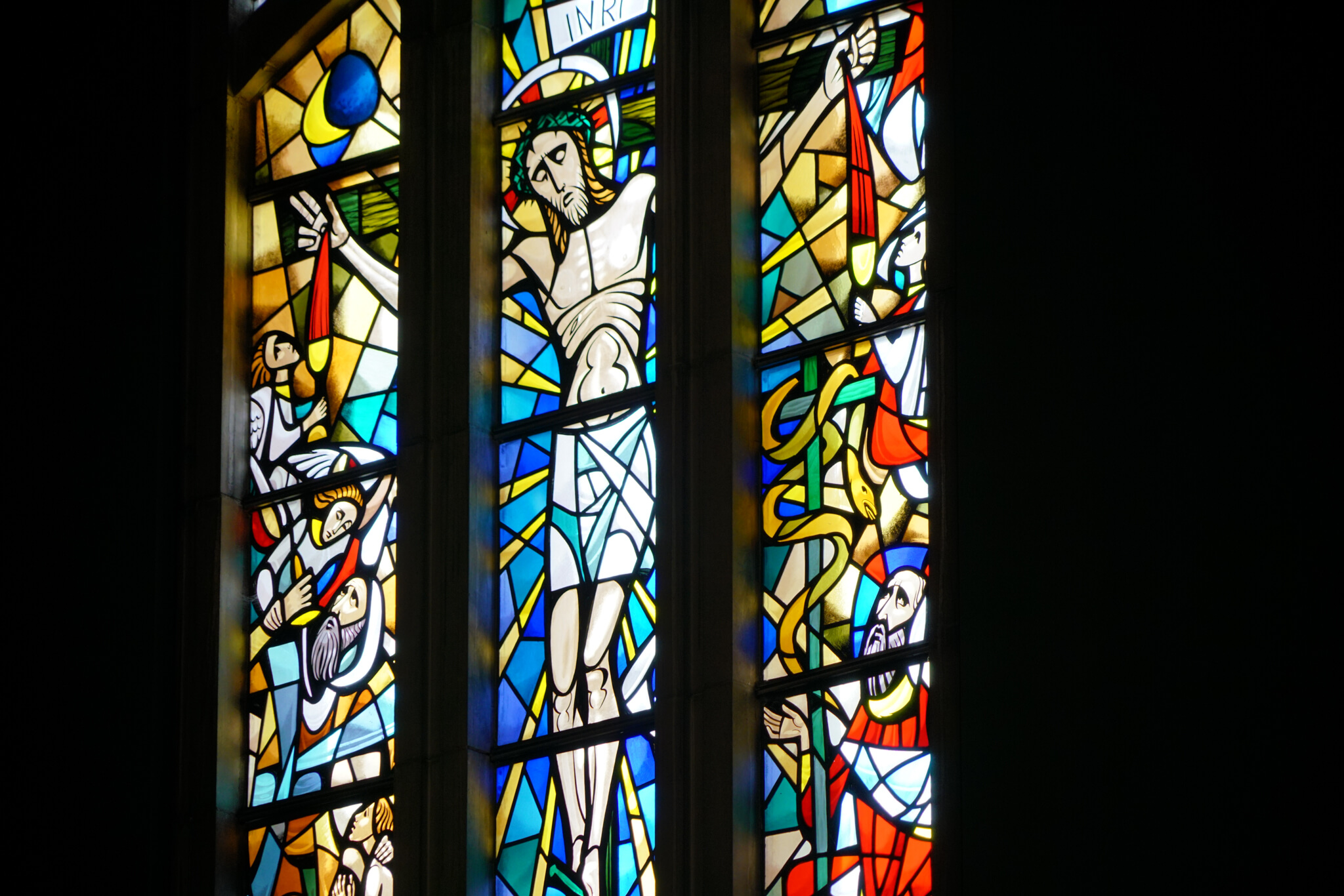 Stained glass window depicting the crucifixion at SFX-OLG church, GR