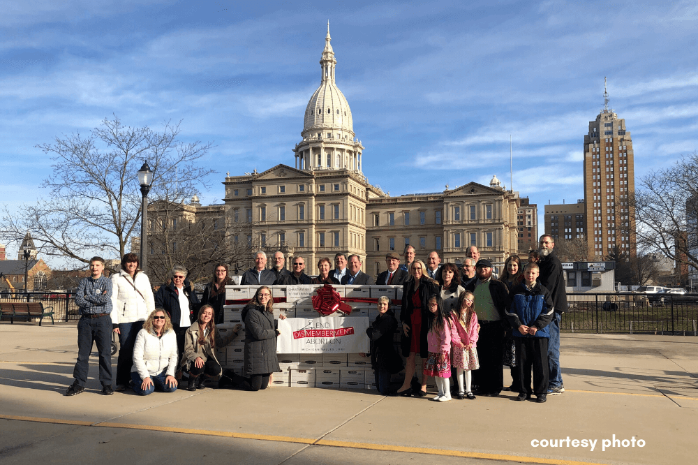 Families gathered outside Michigan state capitol to submit End Dismemberment Abortion petitions, Dec. 2019