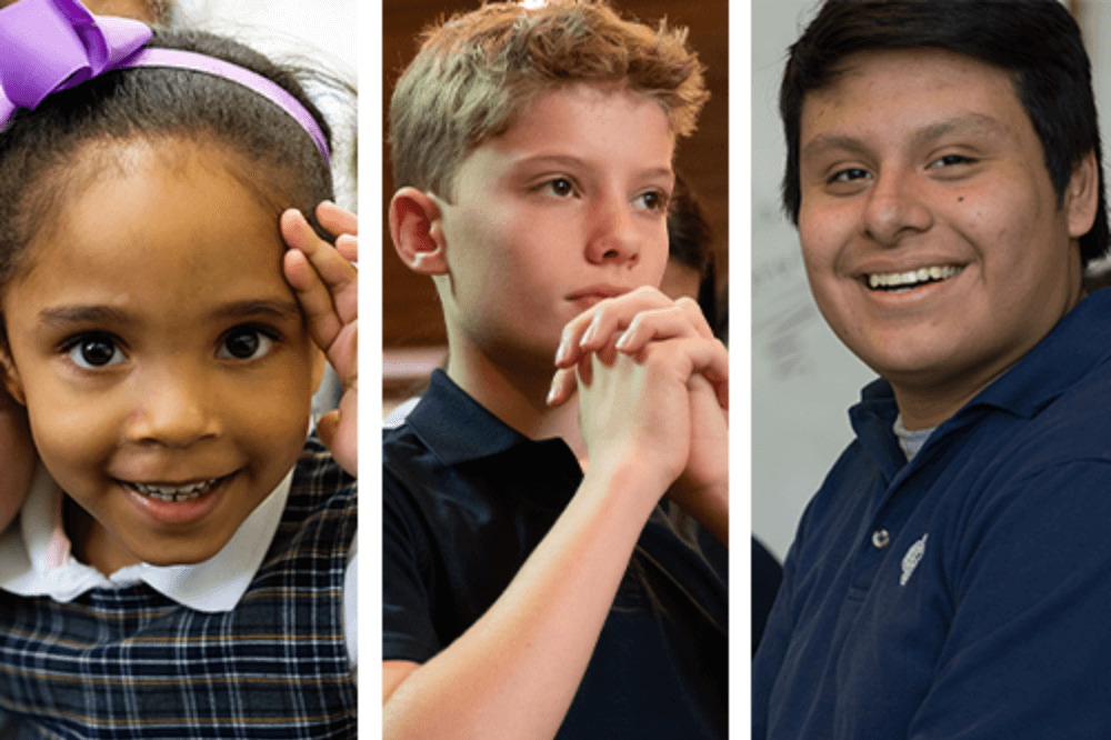 Three Catholic school students, Faith & Future Scholarship announcement, January 2020