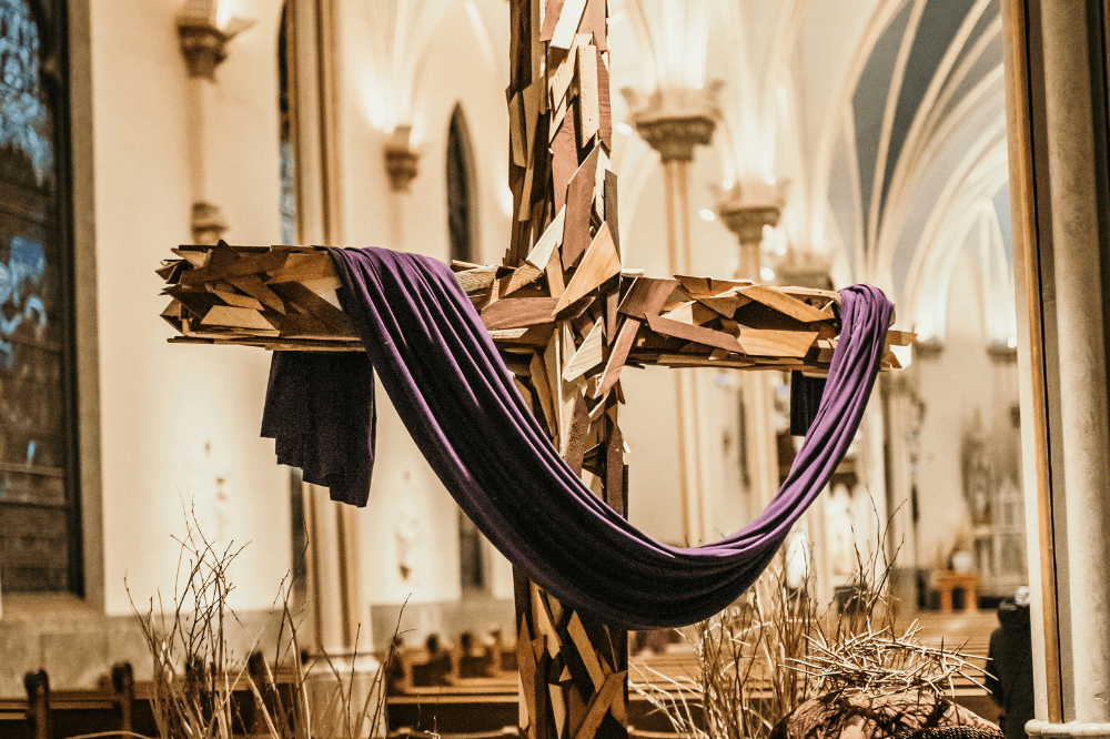 Wooden cross draped in purple cloth, Cathedral of Saint Andrew