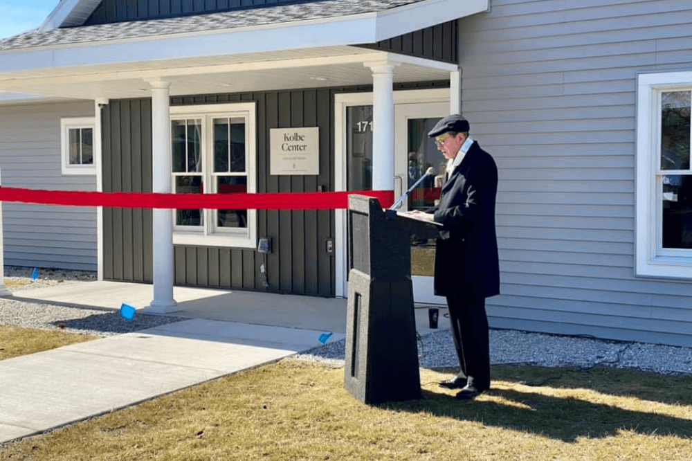 Bishop Walkowiak blesses Kolbe Center during ribbon cutting March 12, 2021