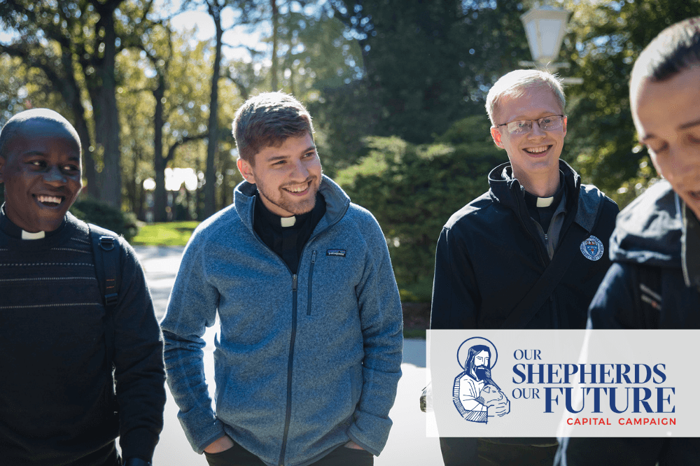 Deacon Noah Thelen with fellow seminarians on Mundelein campus