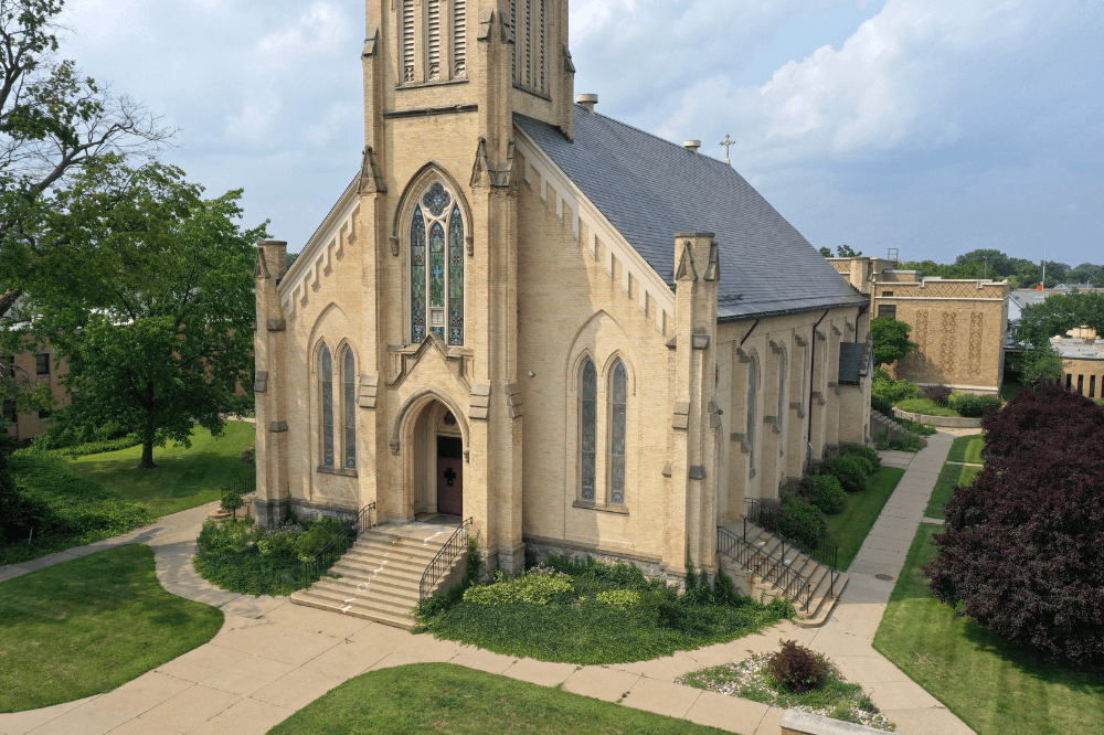 Photo of front and side exterior of St. James Church, Grand Rapids