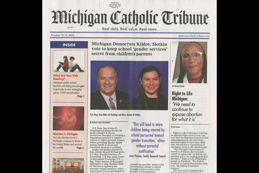 Front cover of Michigan Catholic Tribune, not a publication of the Diocese of Grand Rapids or the Church