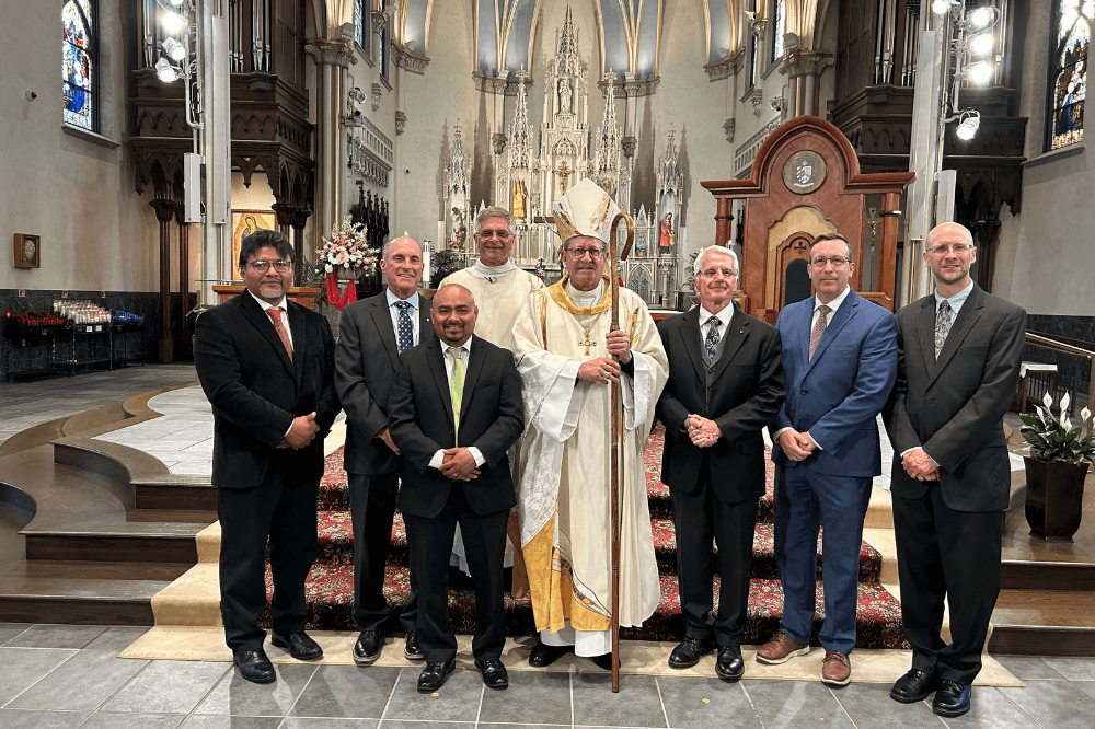 Bishop Walkowiak and Deacon Jerry Roersma pose with Pedro Hernandez – St. Francis Xavier and OLG Jack Mulder – St. Francis De Sales / Holland Brent Nowak – St. Anthony . Saranac Blake Prewitt – St. Bartholomew / Newaygo Marcelino Vicente - St. Francis Xavier and OLG David Yocca – St. Thomas the Apostle / GR who became candidates for the permanent diaconate. Photo taken on June 9, 2025 at the Cathedral of Saint Andrew.